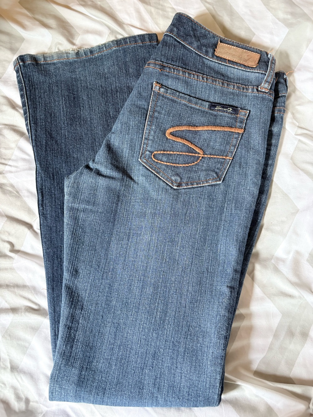 7 For All Mankind Women's Blue Flare Jeans with Tan Stitching